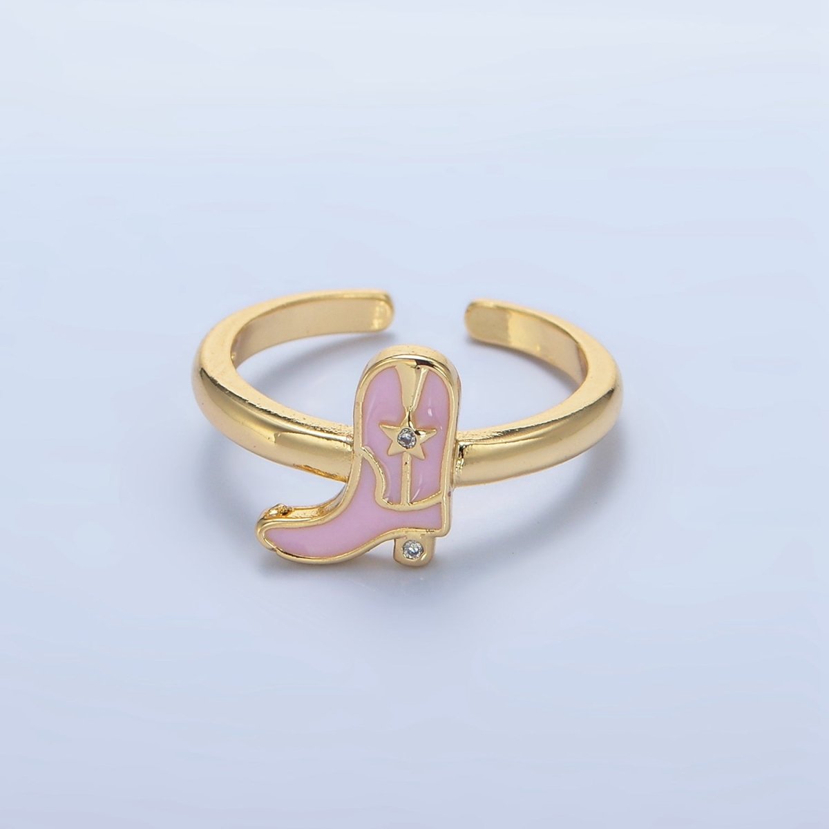24K Gold Filled CZ Pink Enamel Cowboy Boots Ring | O979