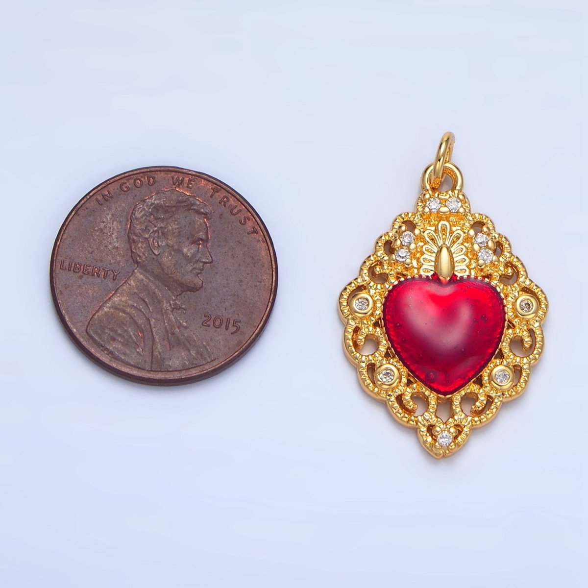24K Gold Filled CZ Red Elaborate Artisan Geometric Heart Charm | X867
