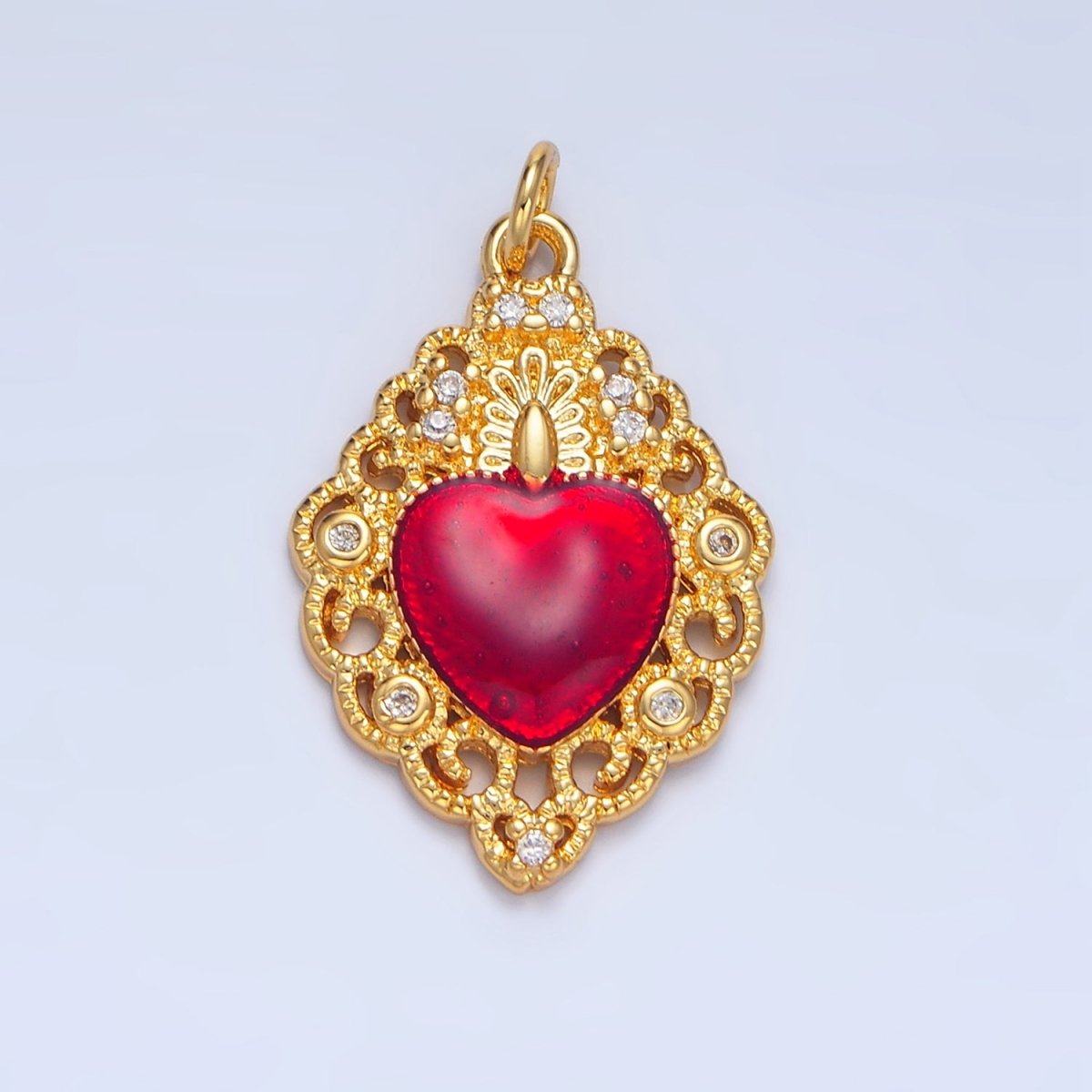 24K Gold Filled CZ Red Elaborate Artisan Geometric Heart Charm | X867