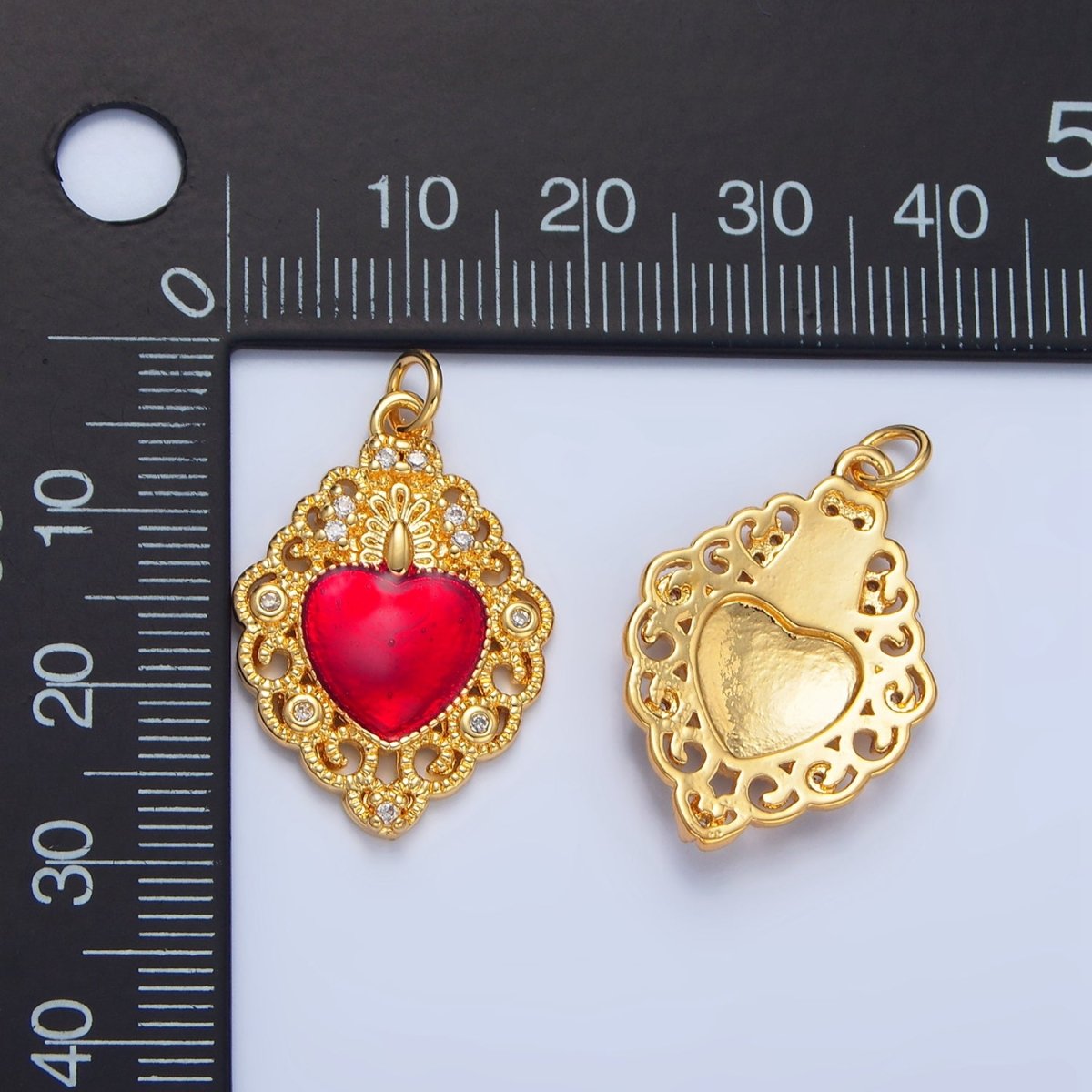 24K Gold Filled CZ Red Elaborate Artisan Geometric Heart Charm | X867