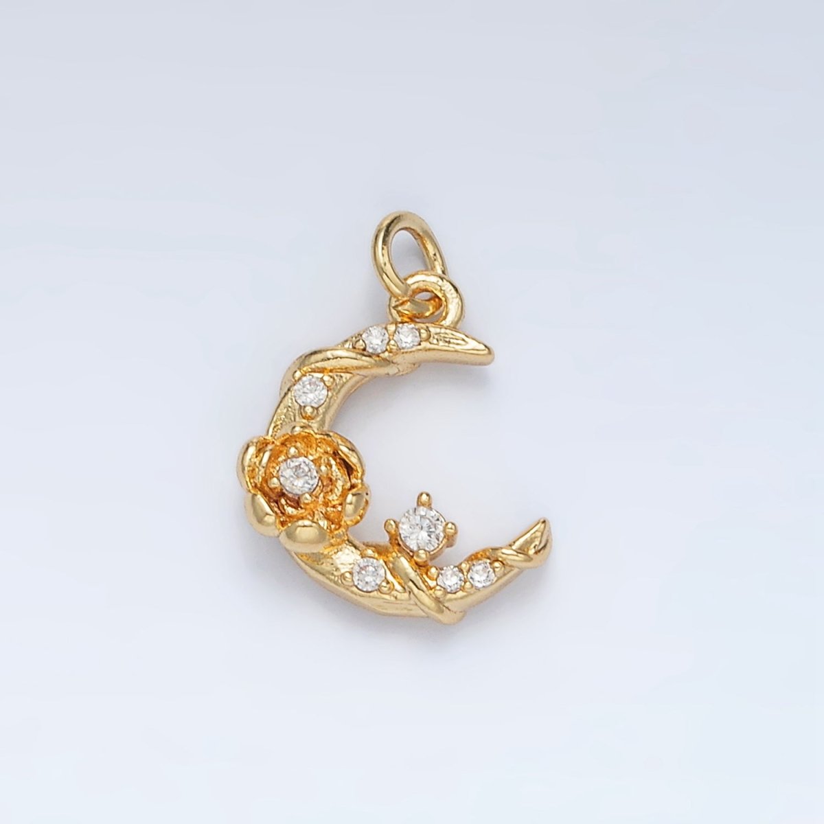24K Gold Filled CZ Rose Flower Crescent Moon Celestial Charm | AC143