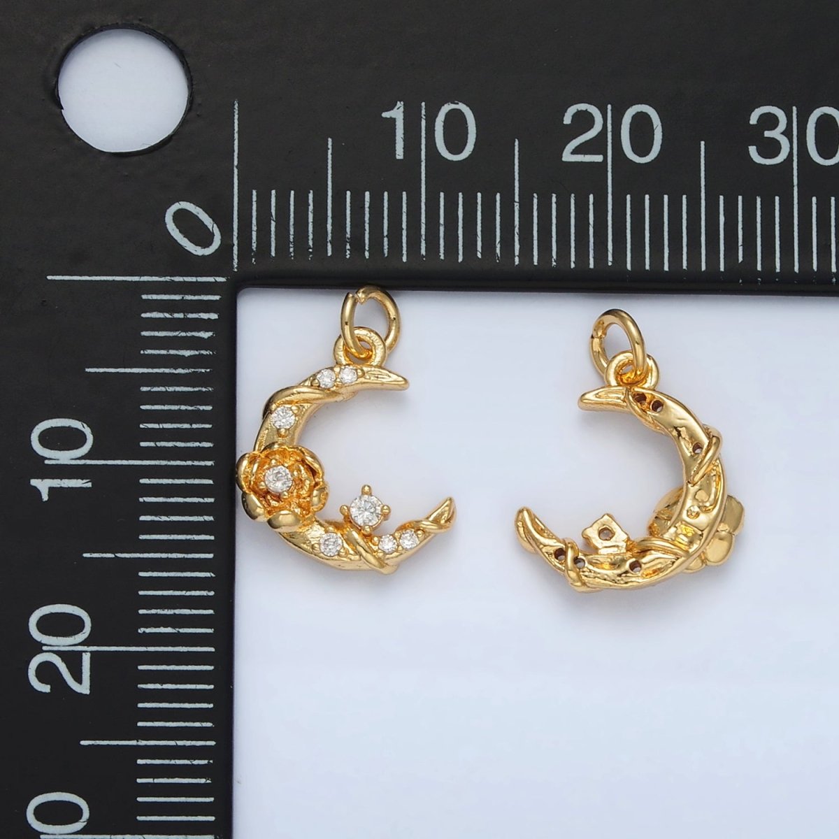24K Gold Filled CZ Rose Flower Crescent Moon Celestial Charm | AC143