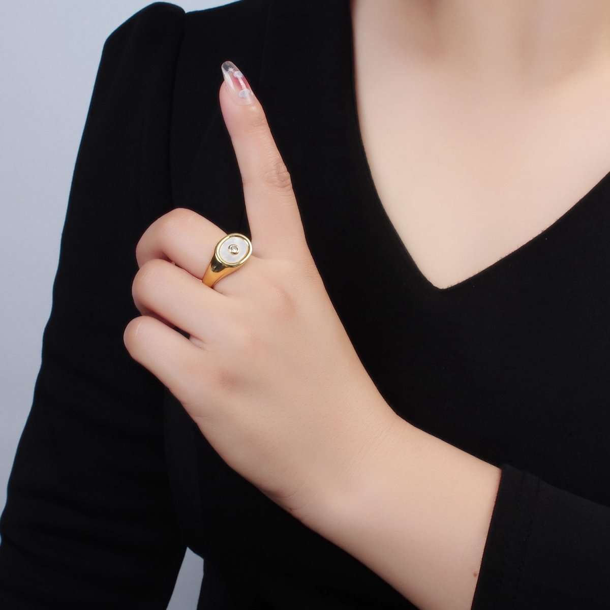 24K Gold Filled CZ Shell Pearl Signet Ring | O1403