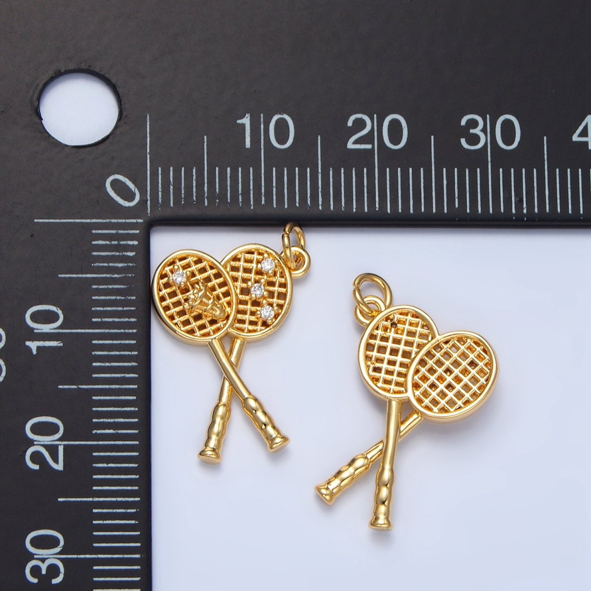 24K Gold Filled CZ Shuttlecock Birdie Badminton Racket Multidimensional Sports Charm | X892