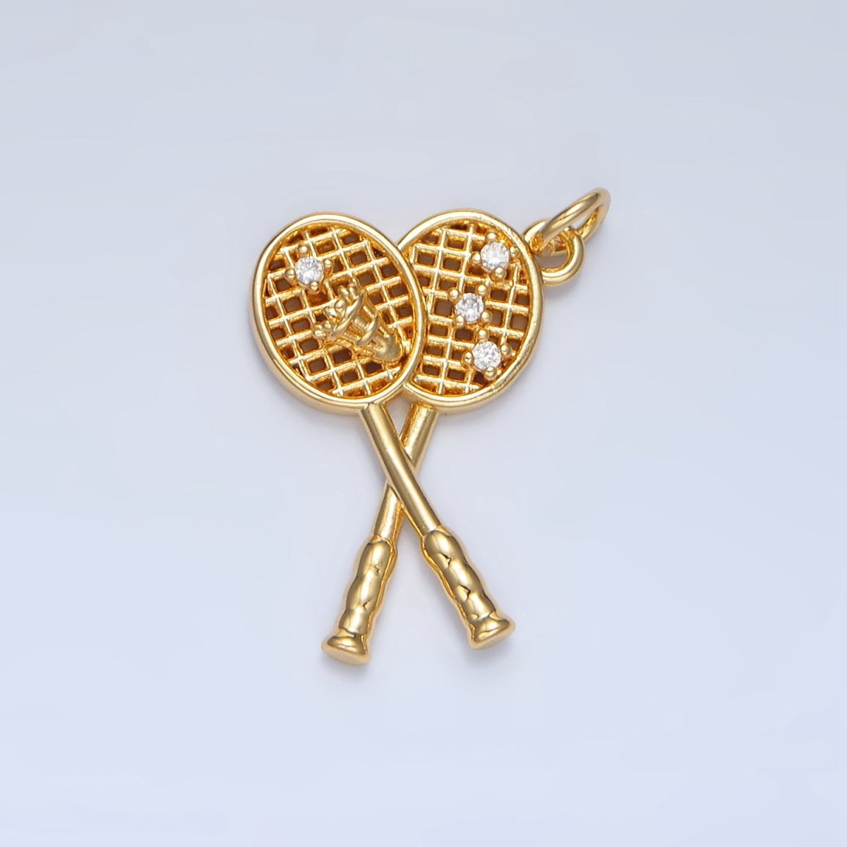 24K Gold Filled CZ Shuttlecock Birdie Badminton Racket Multidimensional Sports Charm | X892