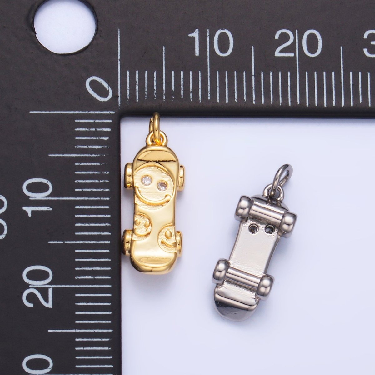 24K Gold Filled CZ Smiley Face Skateboard Charm in Gold & Silver | W792