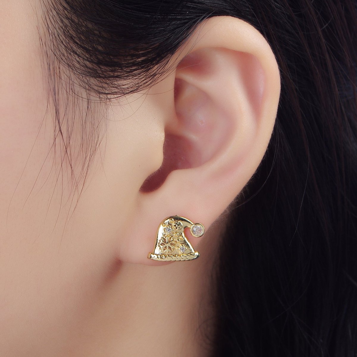 24K Gold Filled CZ Snowflake Christmas Hat Stud Earrings | P001