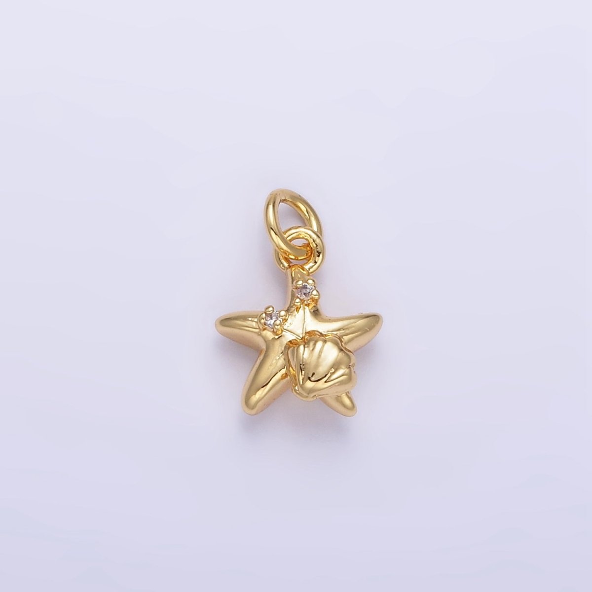 24K Gold Filled CZ Starfish Clam Shell Puffed Mini Charm | AG842