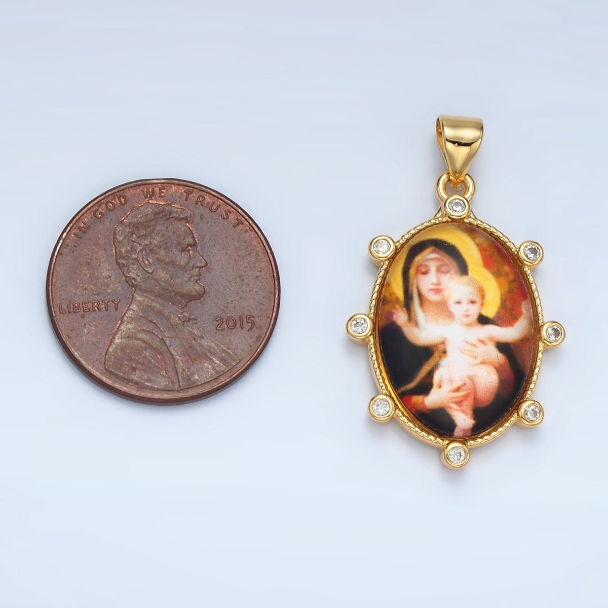24K Gold Filled CZ Virgin Mary Holding Baby Jesus Oval Religious Pendant | AA-903
