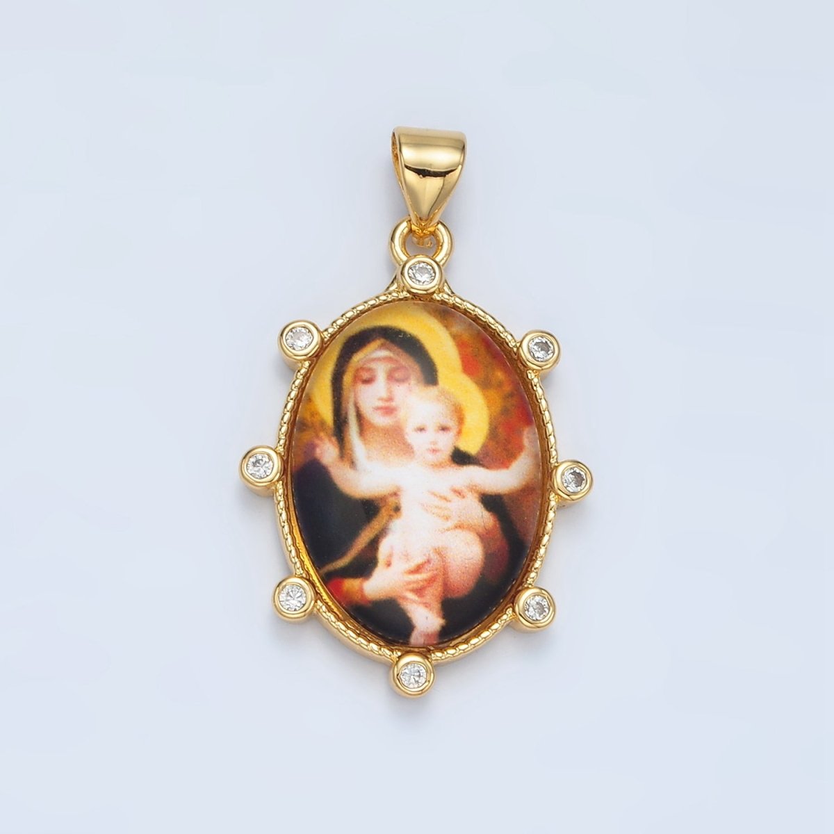 24K Gold Filled CZ Virgin Mary Holding Baby Jesus Oval Religious Pendant | AA-903