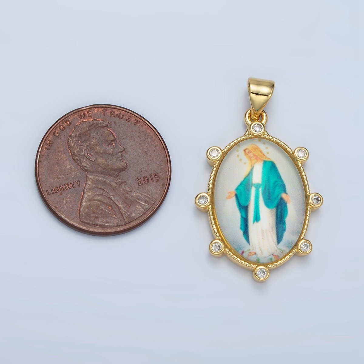 24K Gold Filled CZ Virgin Mary Oval Religious Pendant | AA-900