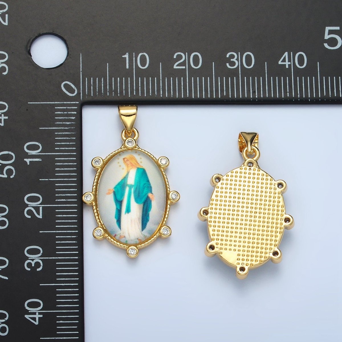 24K Gold Filled CZ Virgin Mary Oval Religious Pendant | AA-900