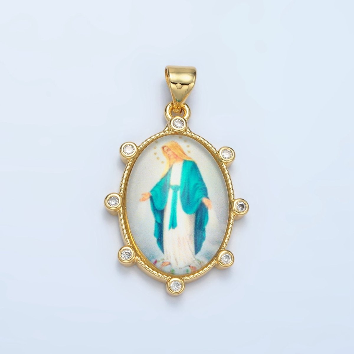 24K Gold Filled CZ Virgin Mary Oval Religious Pendant | AA-900