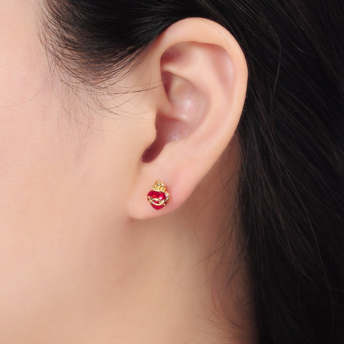 24K Gold Filled Sacred Heart CZ Stud Earrings | AD606
