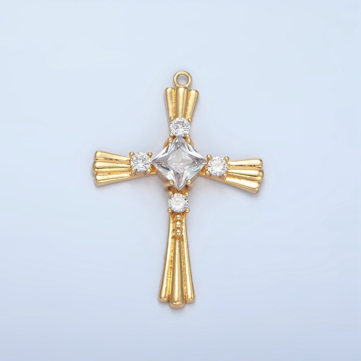 24K Gold Filled Clear Rhombus CZ Sunburst Religious Cross Charm | M016
