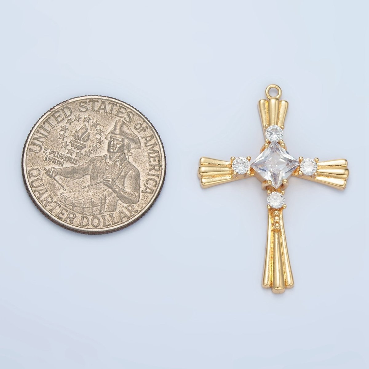 24K Gold Filled Clear Rhombus CZ Sunburst Religious Cross Charm | M016