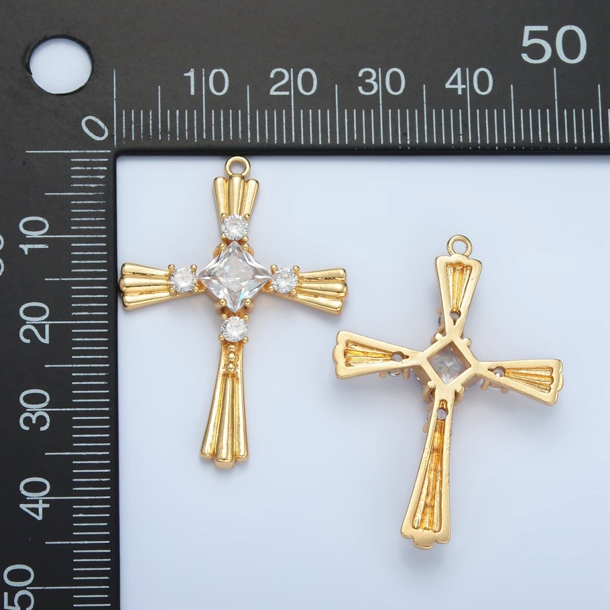 24K Gold Filled Clear Rhombus CZ Sunburst Religious Cross Charm | M016