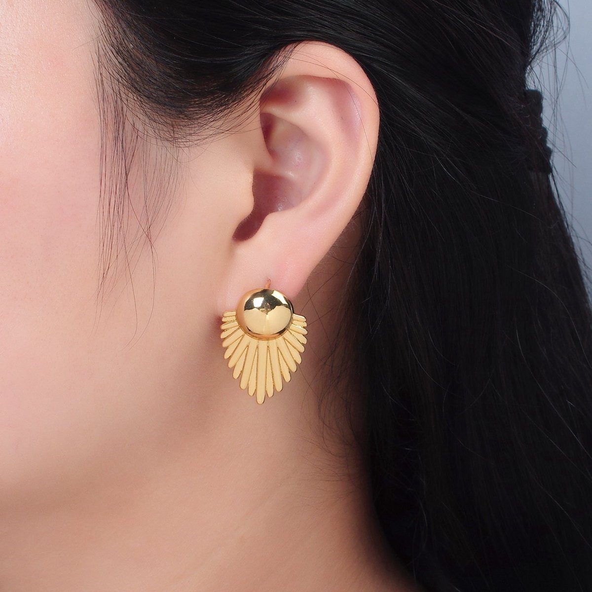24K Gold Filled Dome Sunburst Feather Door Knob Stud Earrings | AD727