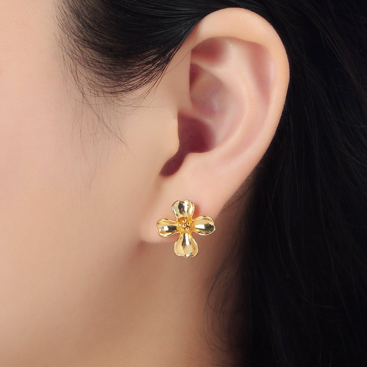 24k Gold Filled Dotted Curved Petal Flower Stud Earrings Findings Supply | Z-954
