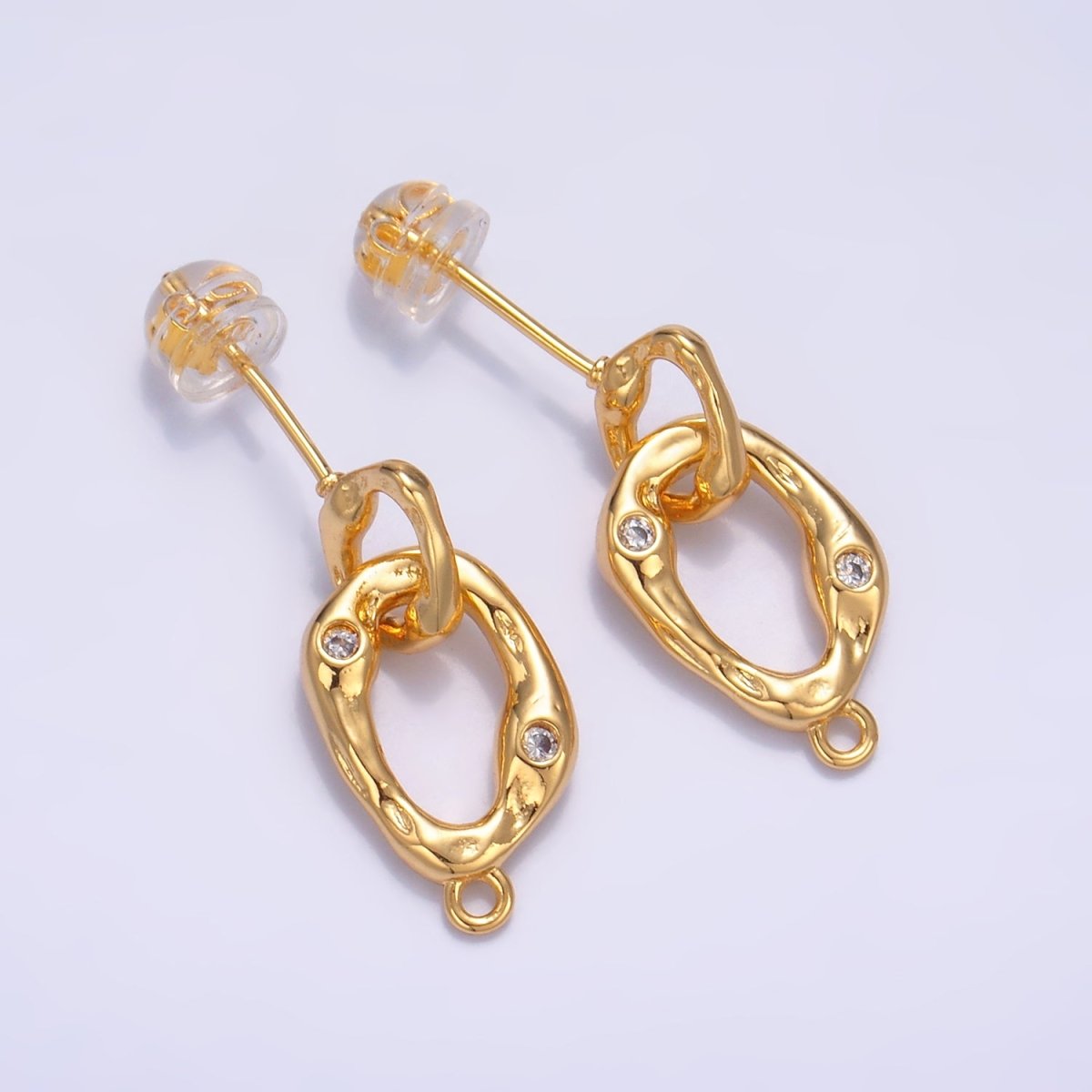 24K Gold Filled Double CZ Hammered Loop Drop Stud Earrings Findings | Z1012