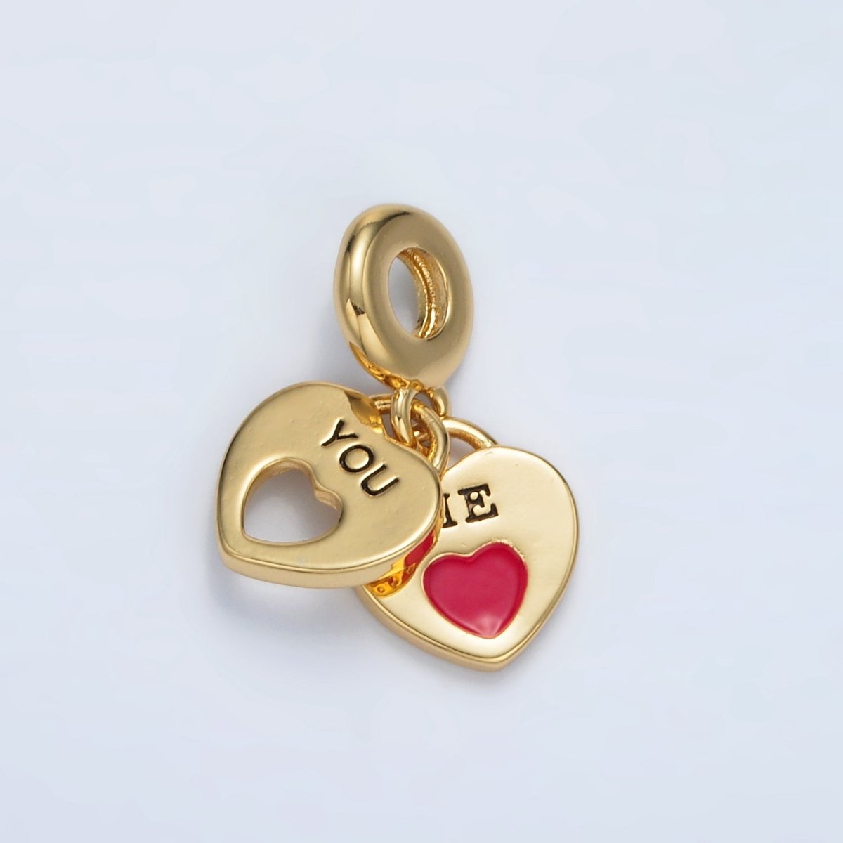 24K Gold Filled Double Heart Padlock "ME" "YOU" Script Rondelle Bail Drop Pendant | AC092