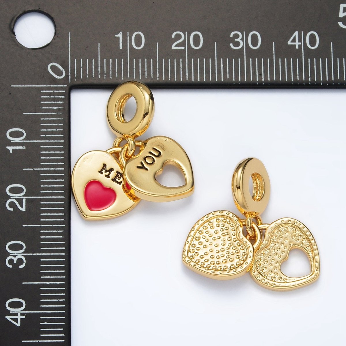 24K Gold Filled Double Heart Padlock "ME" "YOU" Script Rondelle Bail Drop Pendant | AC092