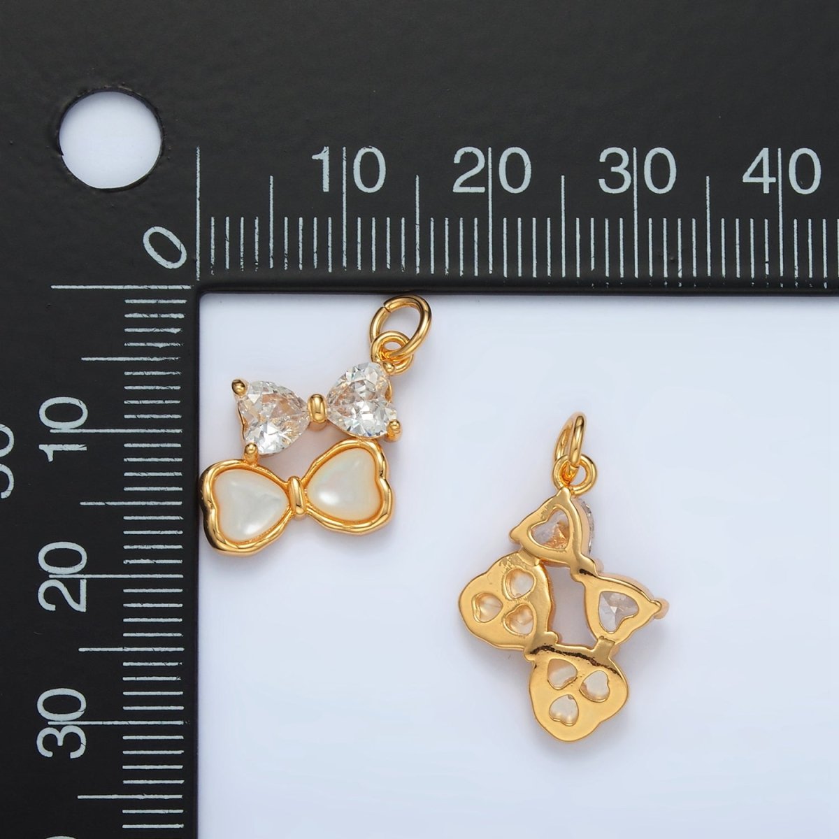 24K Gold Filled Double Ribbon Bow Shell Pearl CZ Charm | AG934