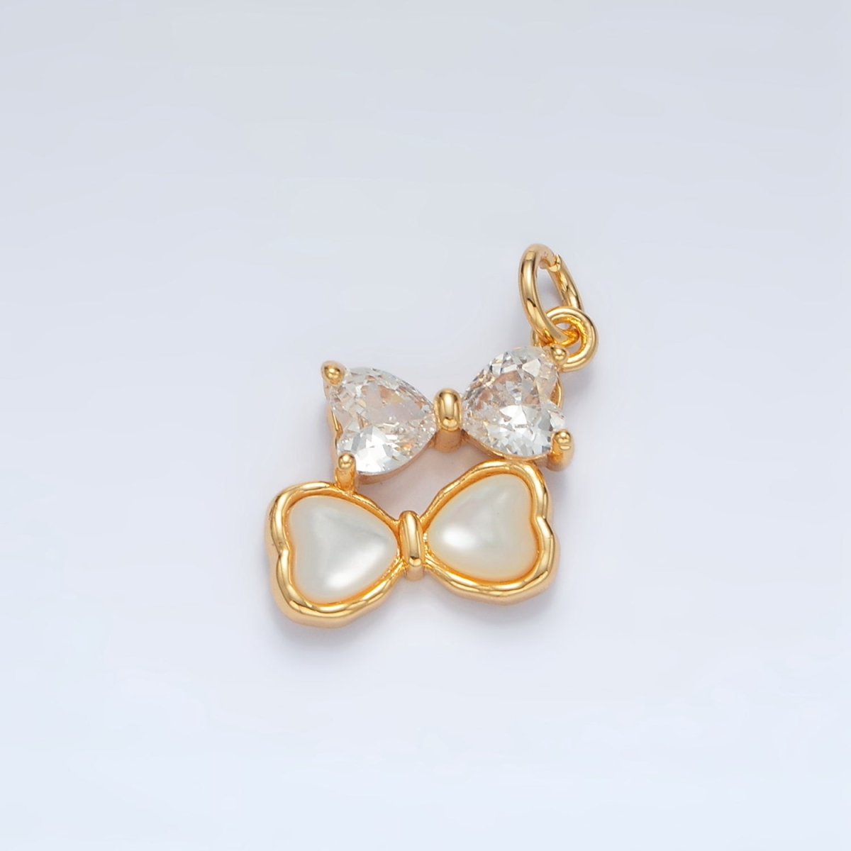 24K Gold Filled Double Ribbon Bow Shell Pearl CZ Charm | AG934