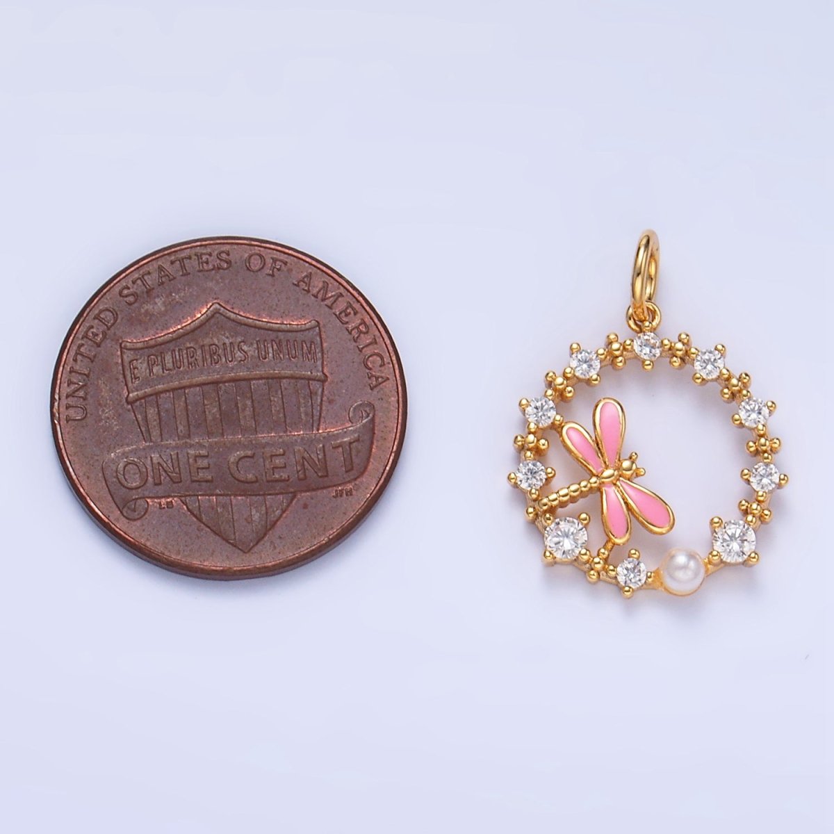 24K Gold Filled Dragonfly Enamel CZ Open Circular Charm | W109
