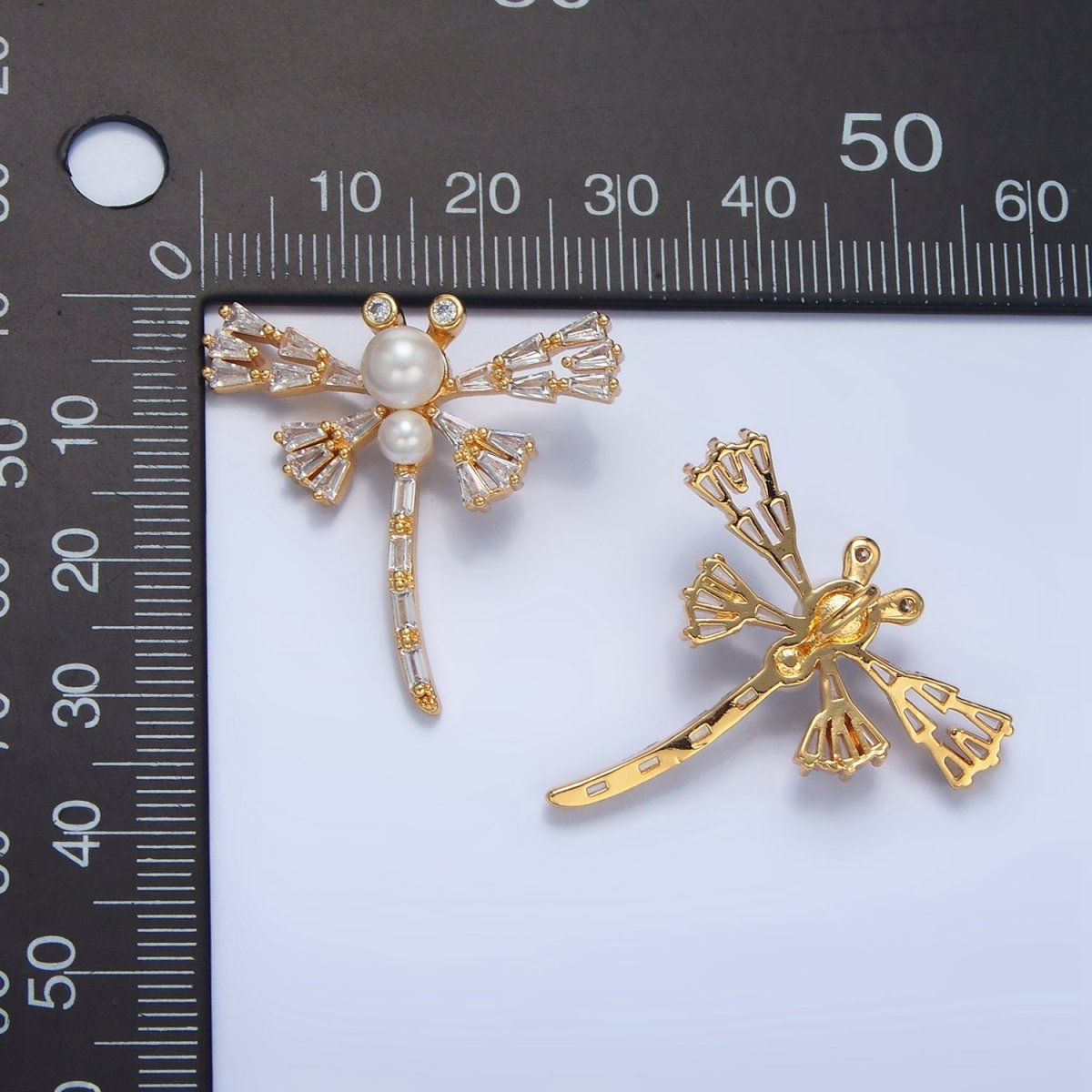 24K Gold Filled Dragonfly Insect Shell Pearl Baguette CZ Pendant | AA951