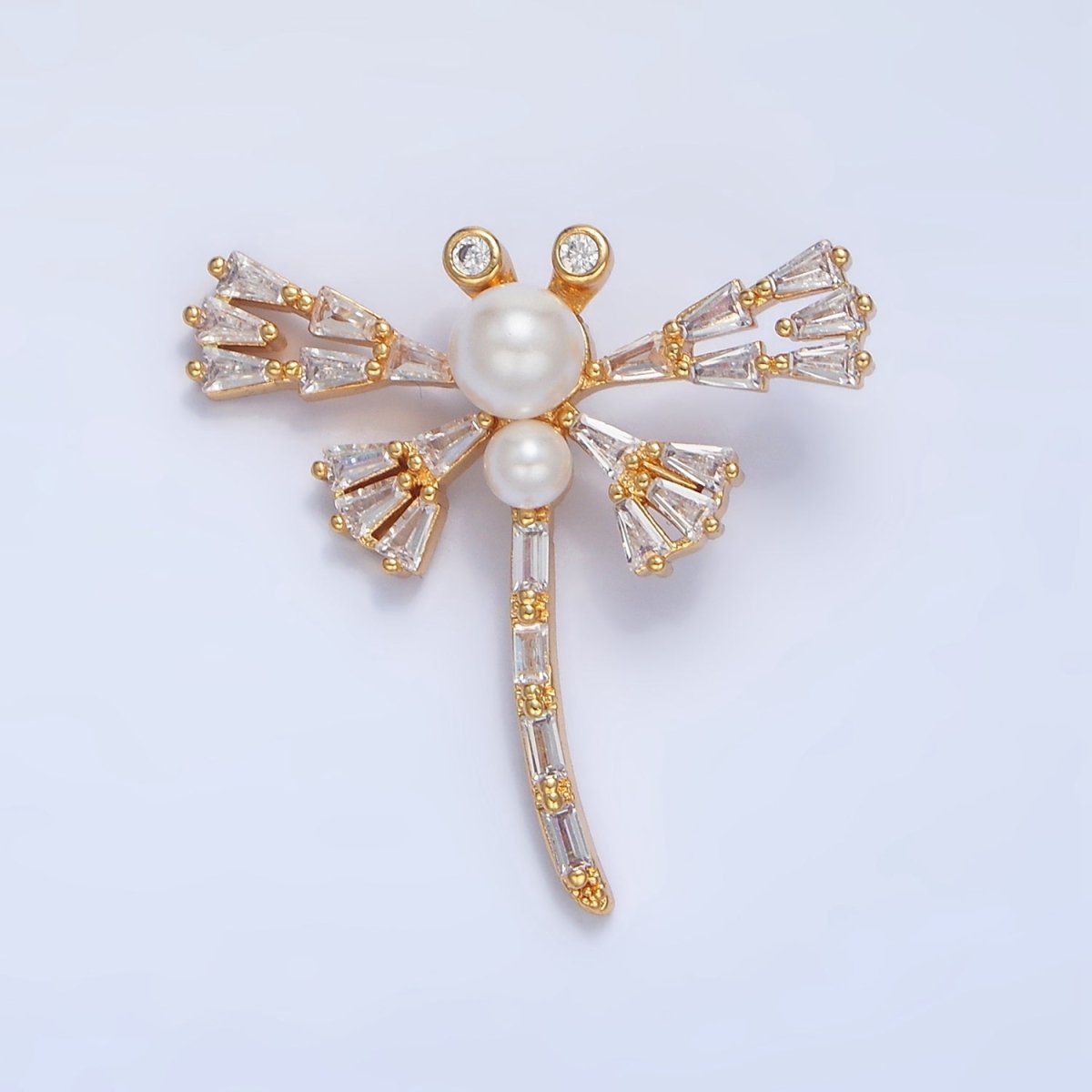 24K Gold Filled Dragonfly Insect Shell Pearl Baguette CZ Pendant | AA951