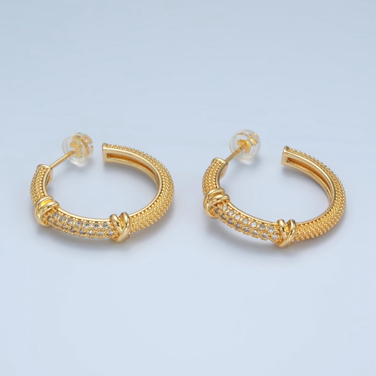 24K Gold Filled 25mm Tied Knot Micro Paved CZ Dotted C-Shaped Hoop Earrings | AD622