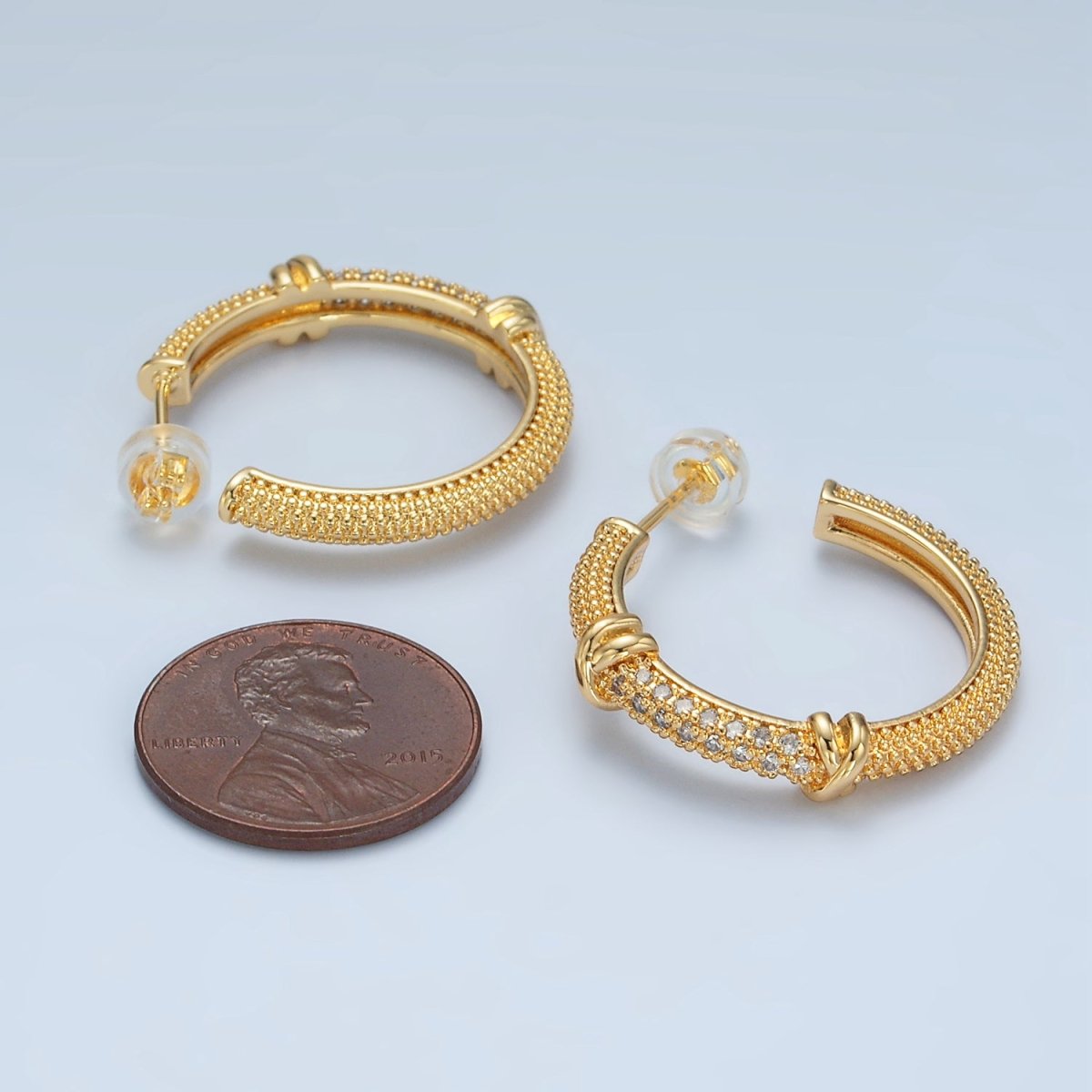 24K Gold Filled 25mm Tied Knot Micro Paved CZ Dotted C-Shaped Hoop Earrings | AD622