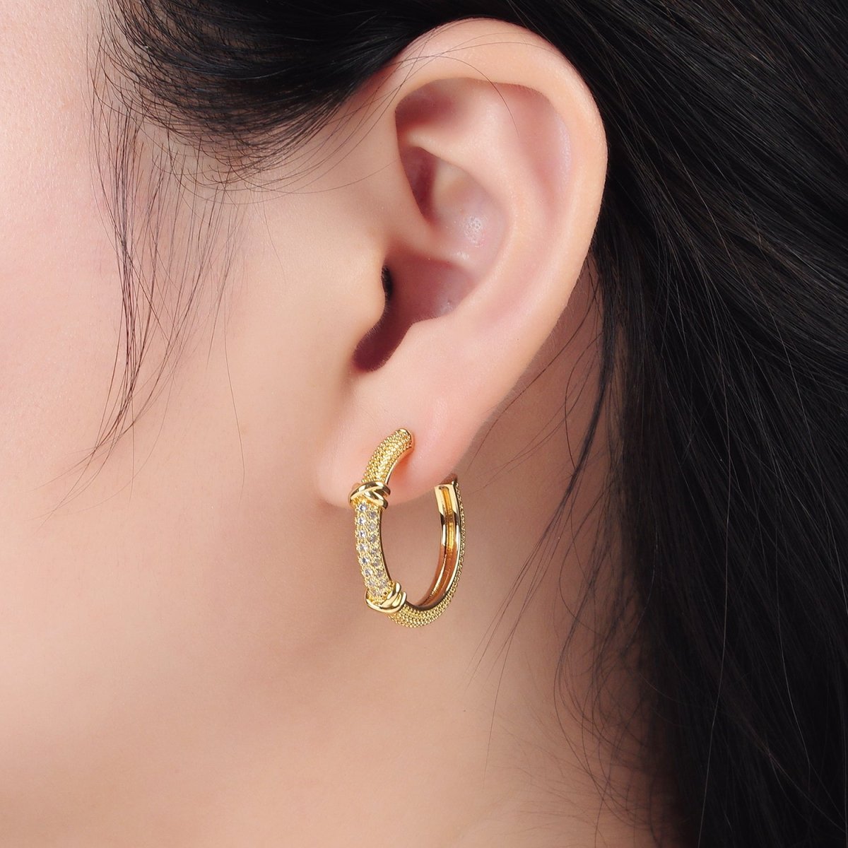 24K Gold Filled 25mm Tied Knot Micro Paved CZ Dotted C-Shaped Hoop Earrings | AD622