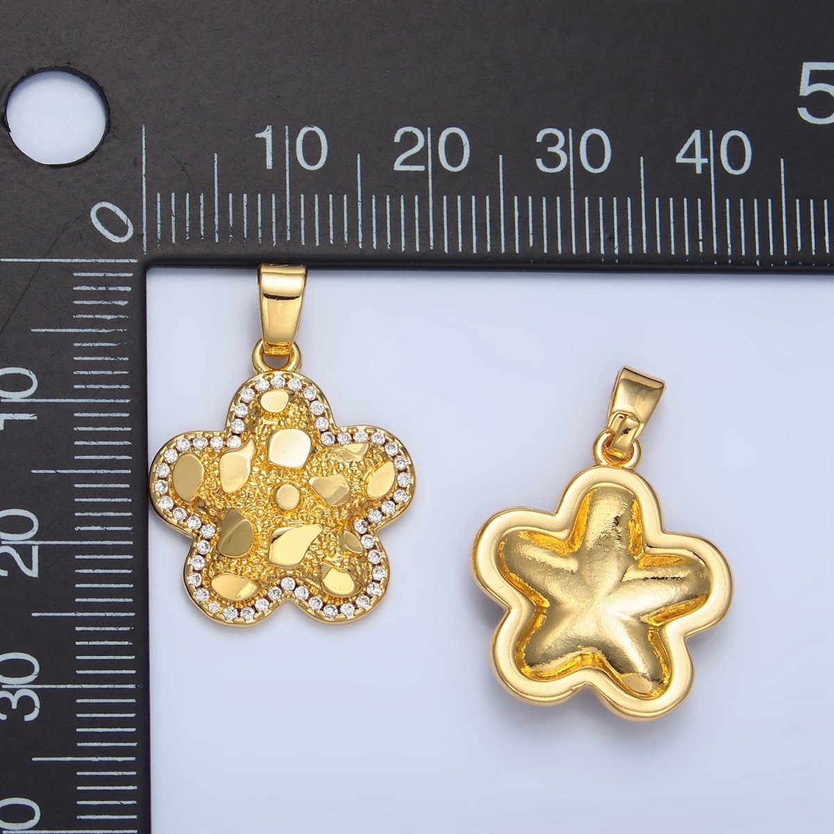 24K Gold Filled Edged Textured Micro Paved CZ Flower Pendant | AA789