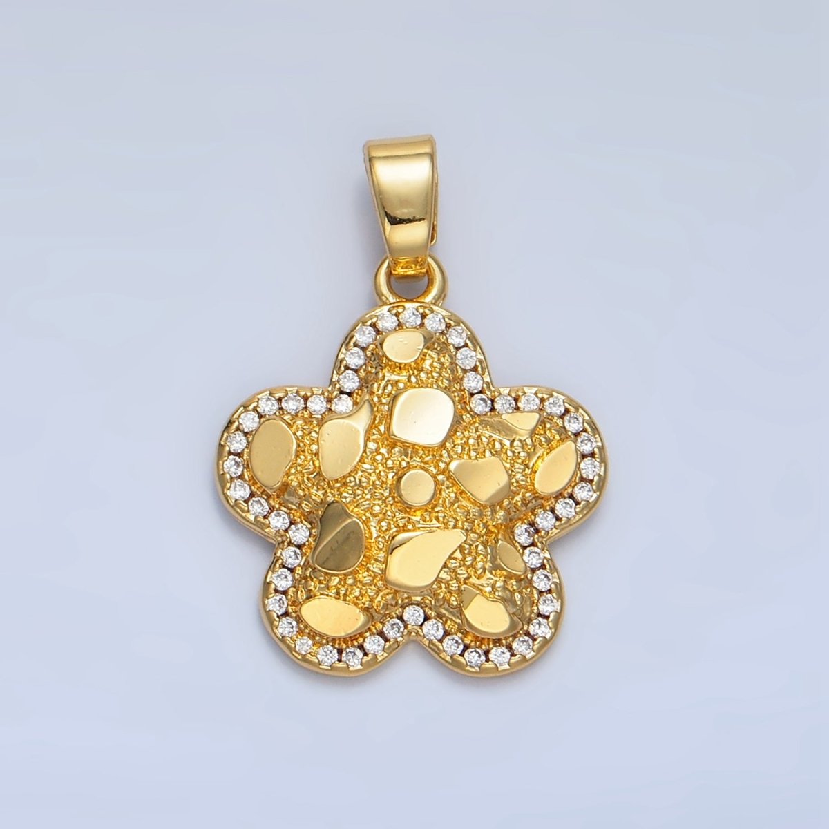 24K Gold Filled Edged Textured Micro Paved CZ Flower Pendant | AA789
