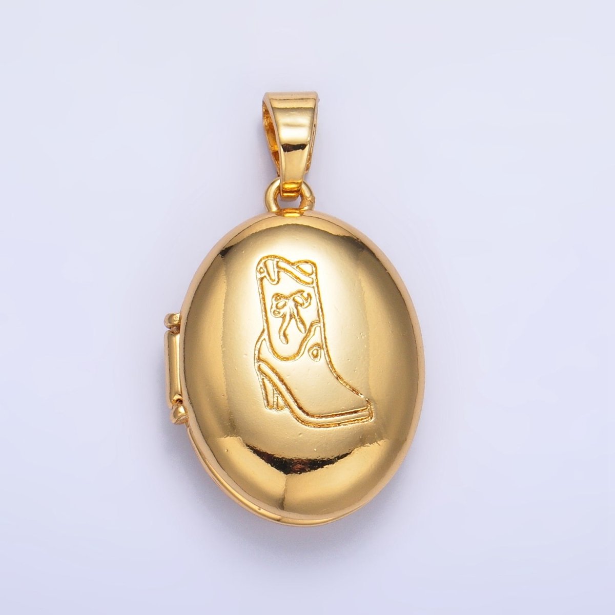24K Gold Filled Engraved Cowboy Boot Oval Locket Pendant | AA-1016
