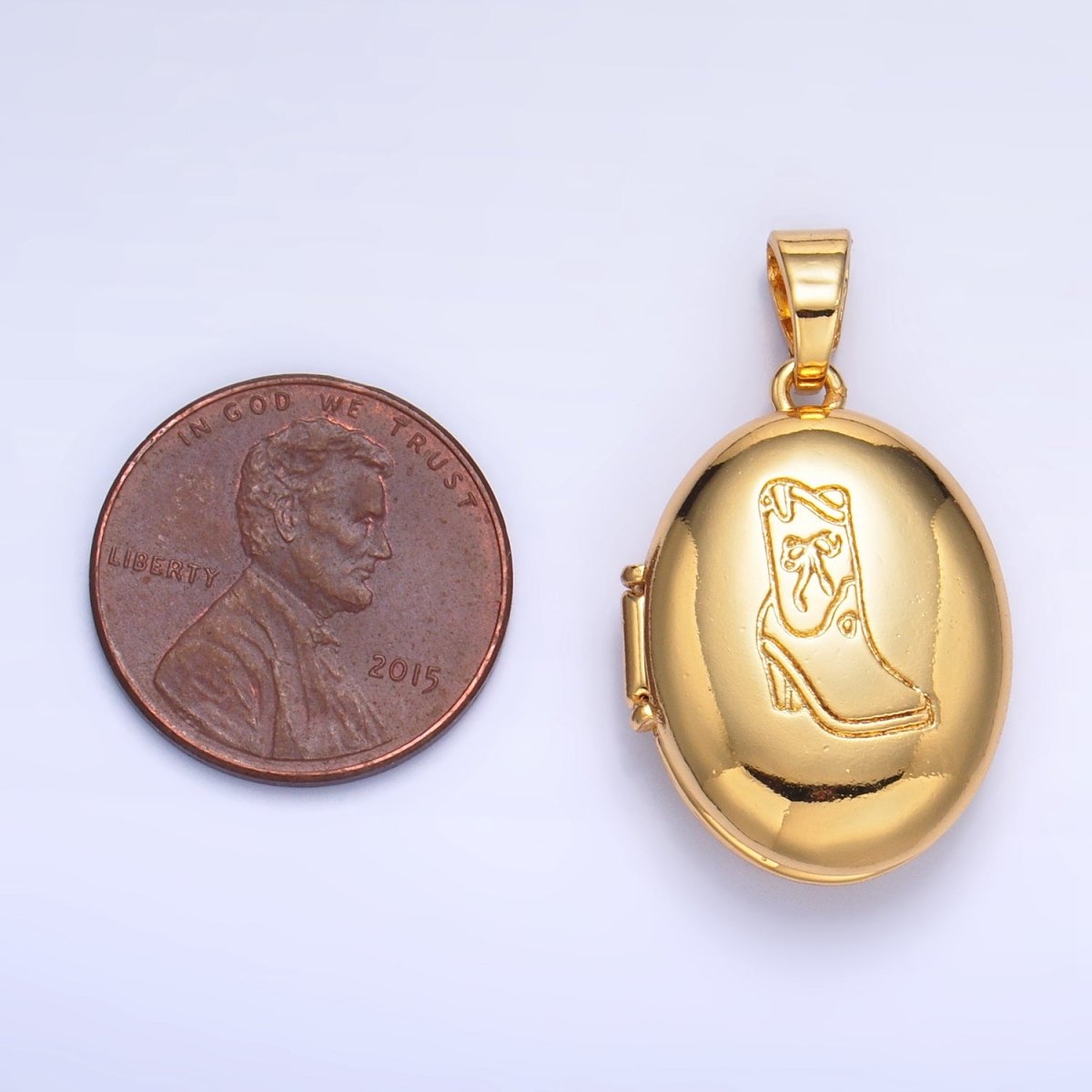 24K Gold Filled Engraved Cowboy Boot Oval Locket Pendant | AA-1016