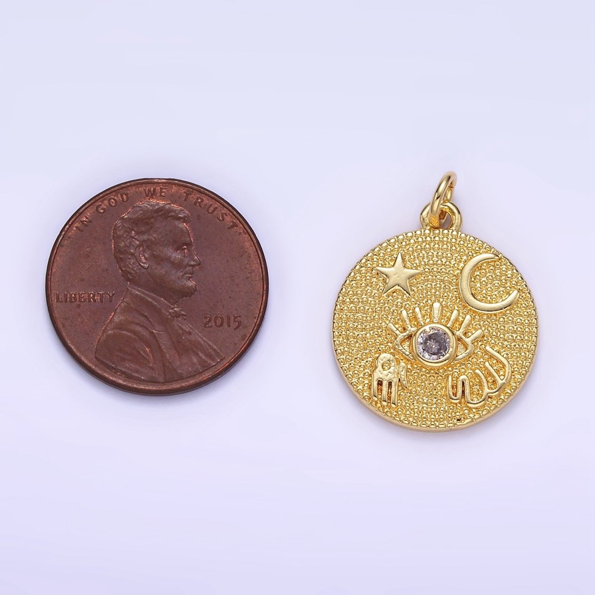 24K Gold Filled Evil Eye Hamsa Hand Celestial Textured Round Charm | E347