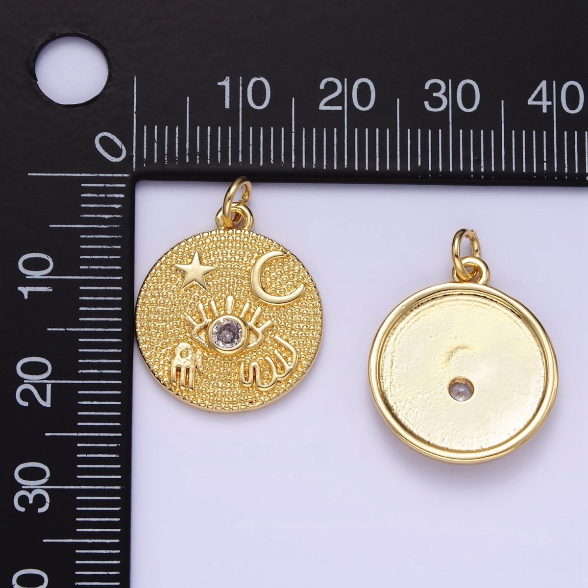 24K Gold Filled Evil Eye Hamsa Hand Celestial Textured Round Charm | E347