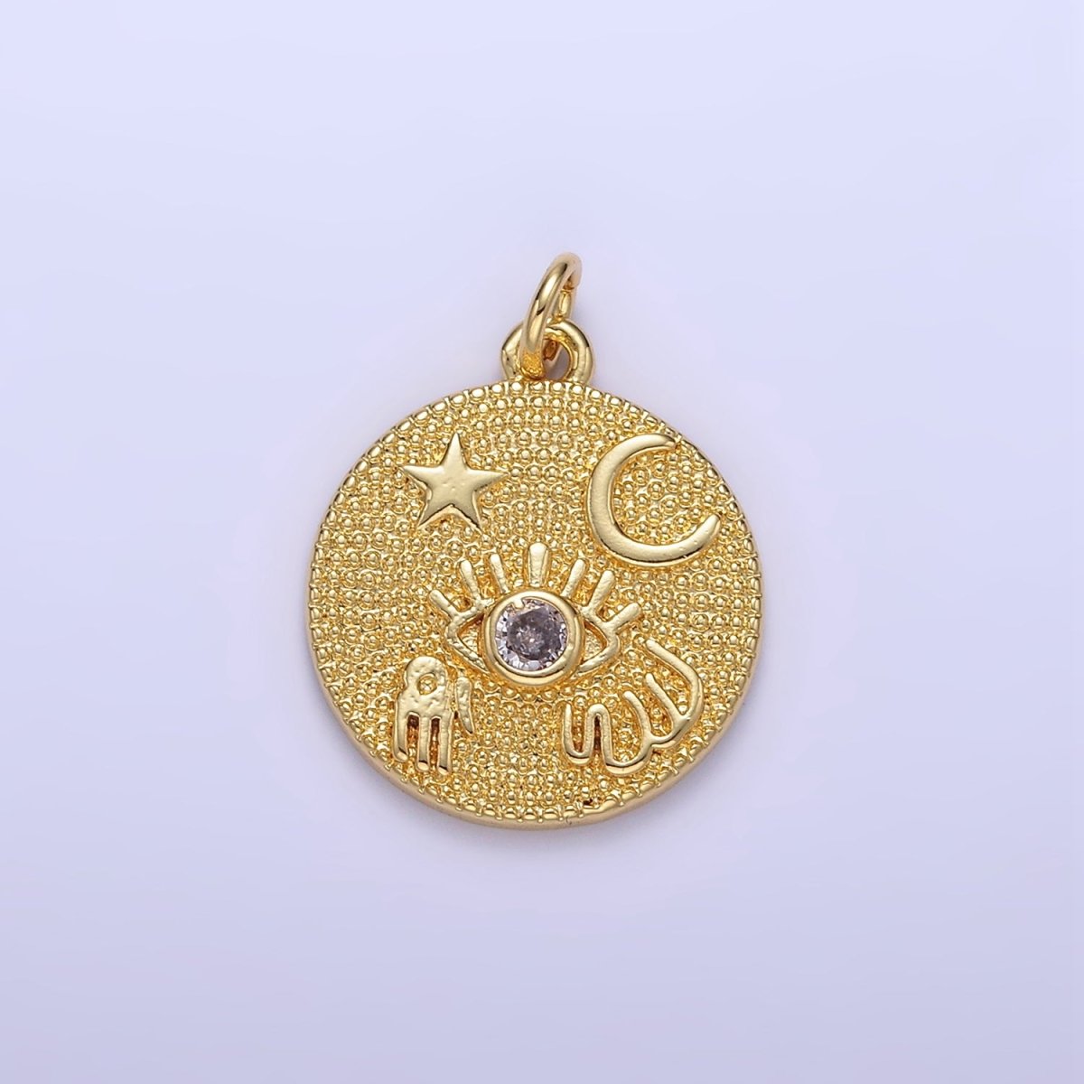 24K Gold Filled Evil Eye Hamsa Hand Celestial Textured Round Charm | E347