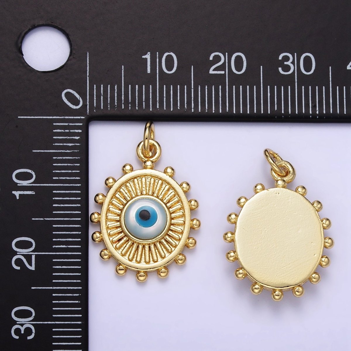 24K Gold Filled Evil Eye Sunburst Dotted Bezel Oval Charm | E364
