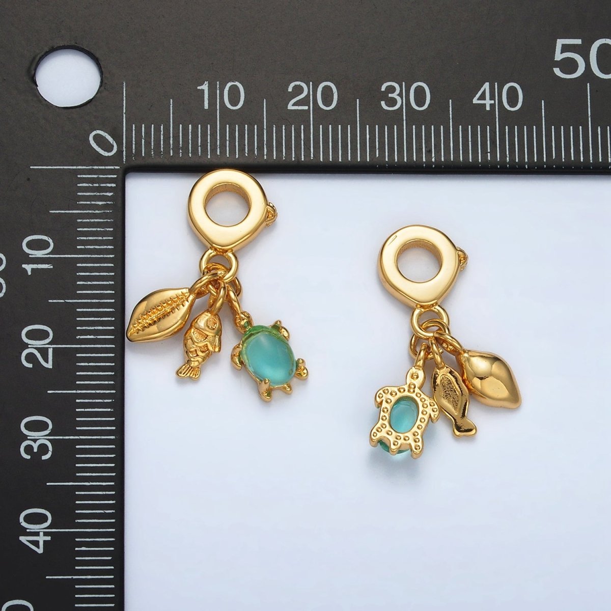 24K Gold Filled Fish Sea Shell CZ Rhondelle Bail Triple Ocean Drop Pendant | AC087