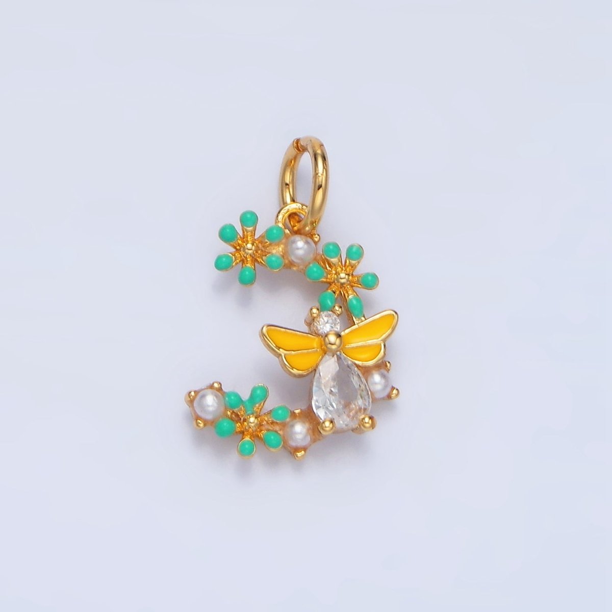 24K Gold Filled Flower Bumble Bee CZ Enamel Charm | X605