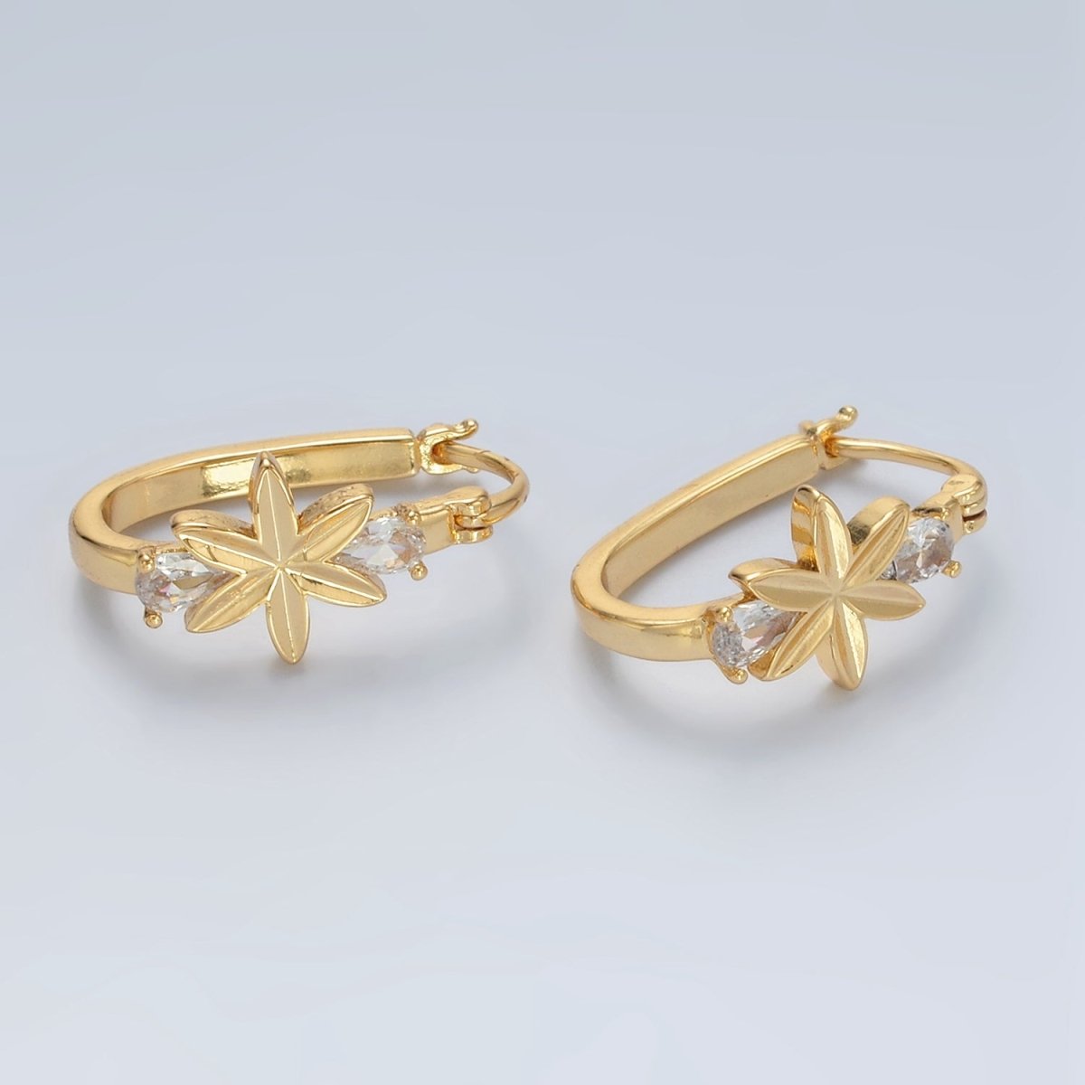 24K Gold Filled Flower Double CZ Oblong Latch Hoop Earrings | T080