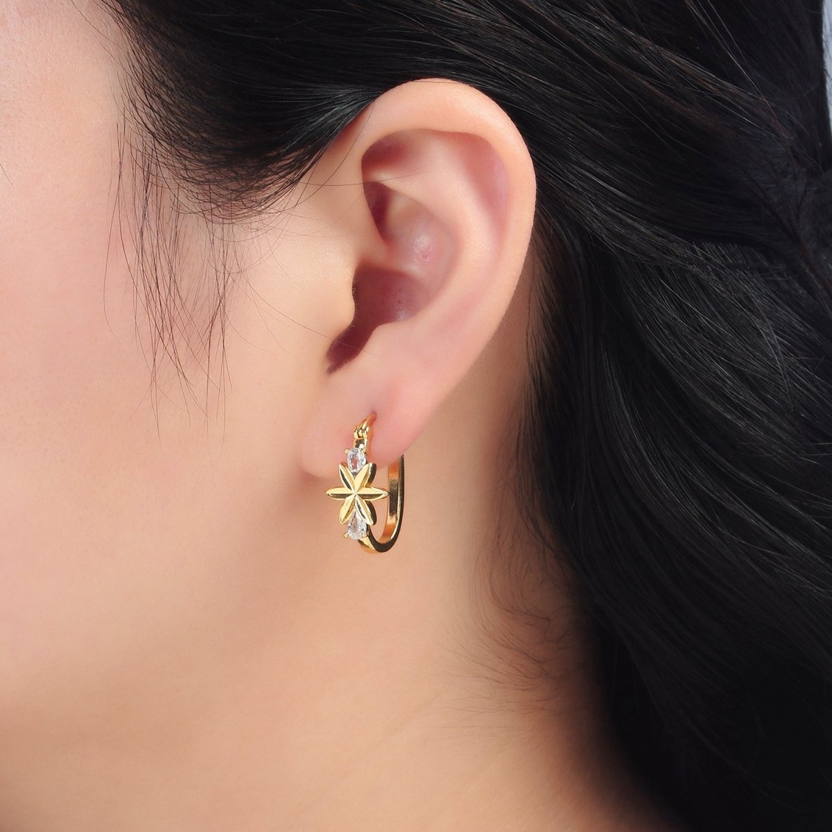 24K Gold Filled Flower Double CZ Oblong Latch Hoop Earrings | T080