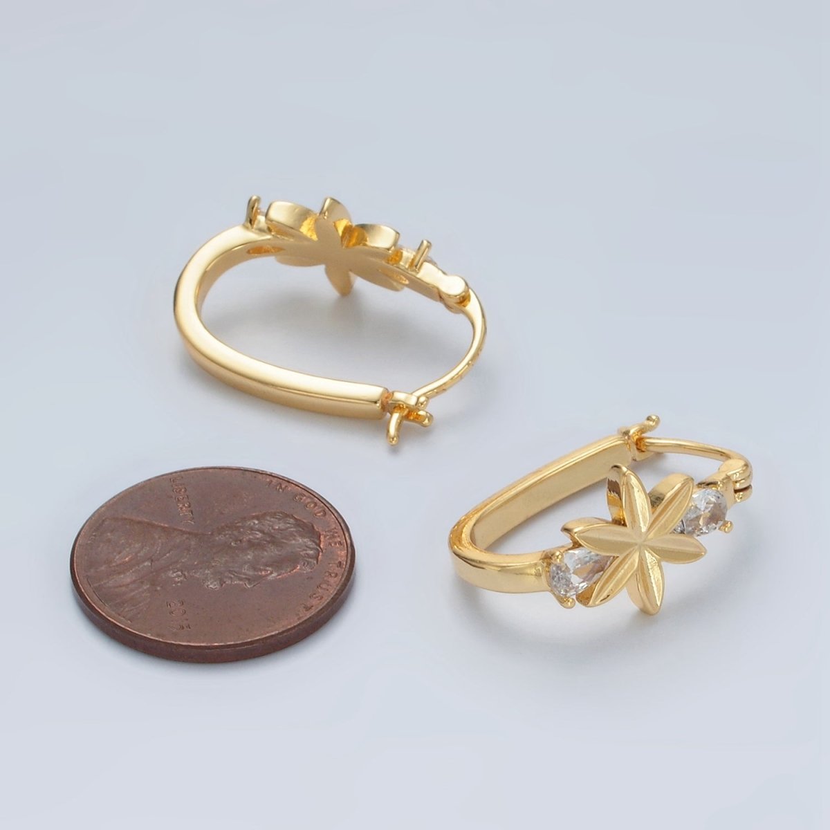 24K Gold Filled Flower Double CZ Oblong Latch Hoop Earrings | T080