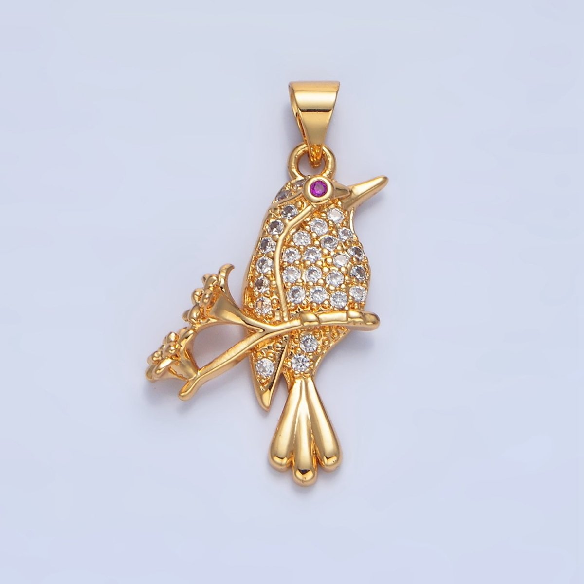 24K Gold Filled Flower Song Bird Micro Paved CZ Pendant | AA783