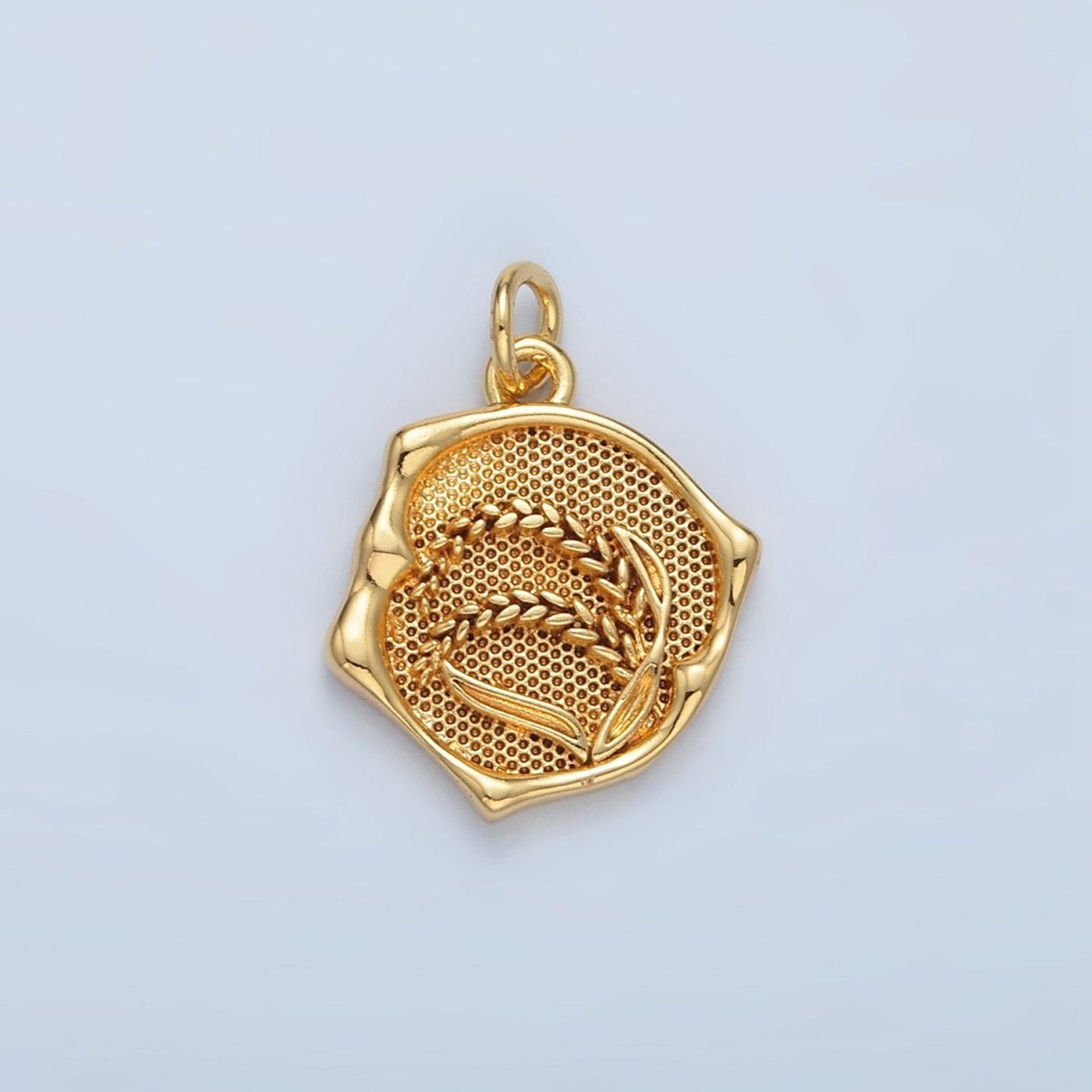 24K Gold Filled Flower Paddy Wheat Textured Stamped Round Charm | AG565