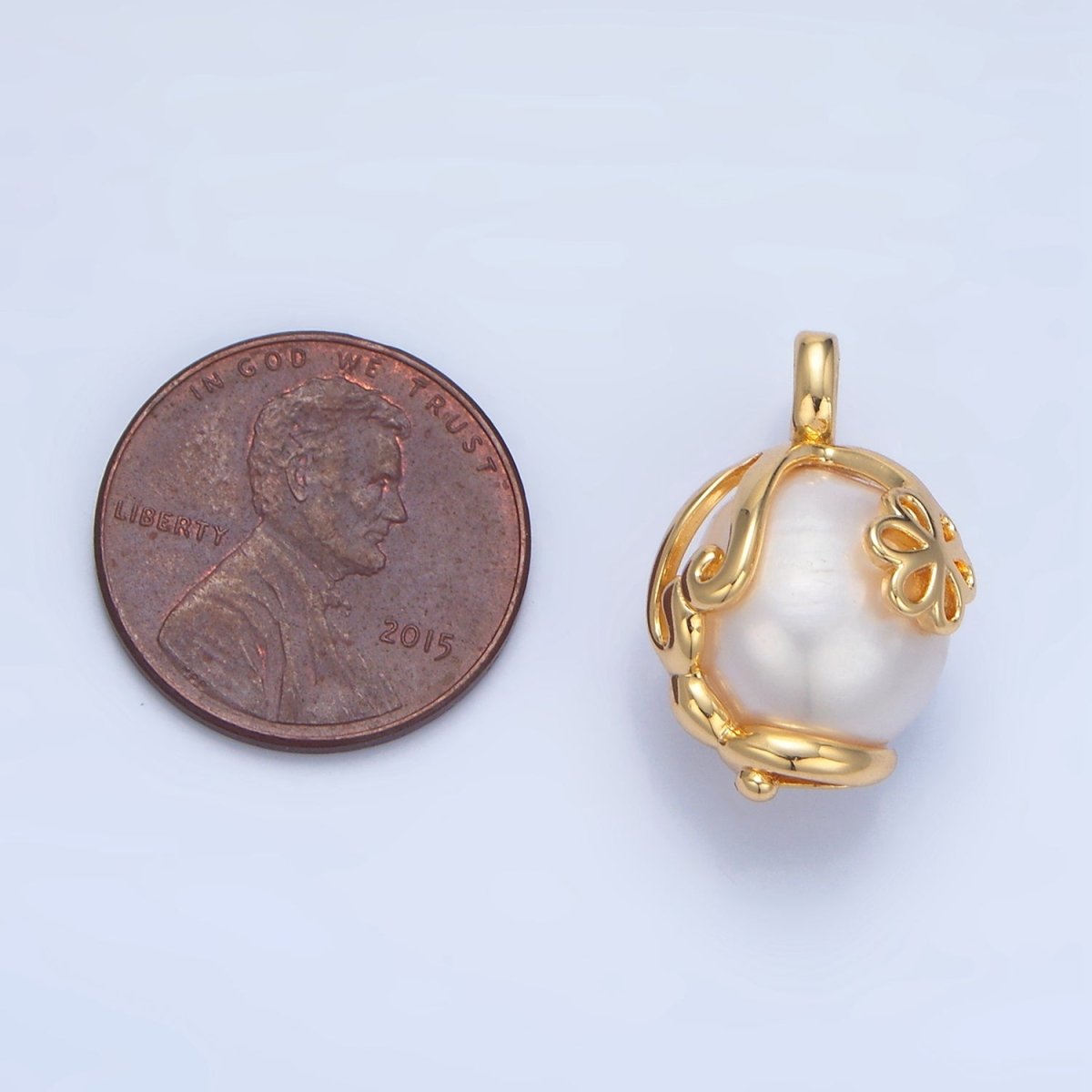24K Gold Filled Freshwater Pearl Flower Molten Drip Wrap Pendant | P1897
